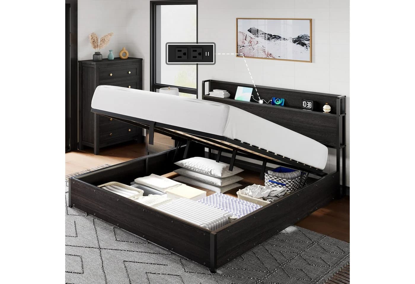 AMERLIFE Doppelbett mit Stauraum und USB-Steckdosen Schwarz - Bild 3