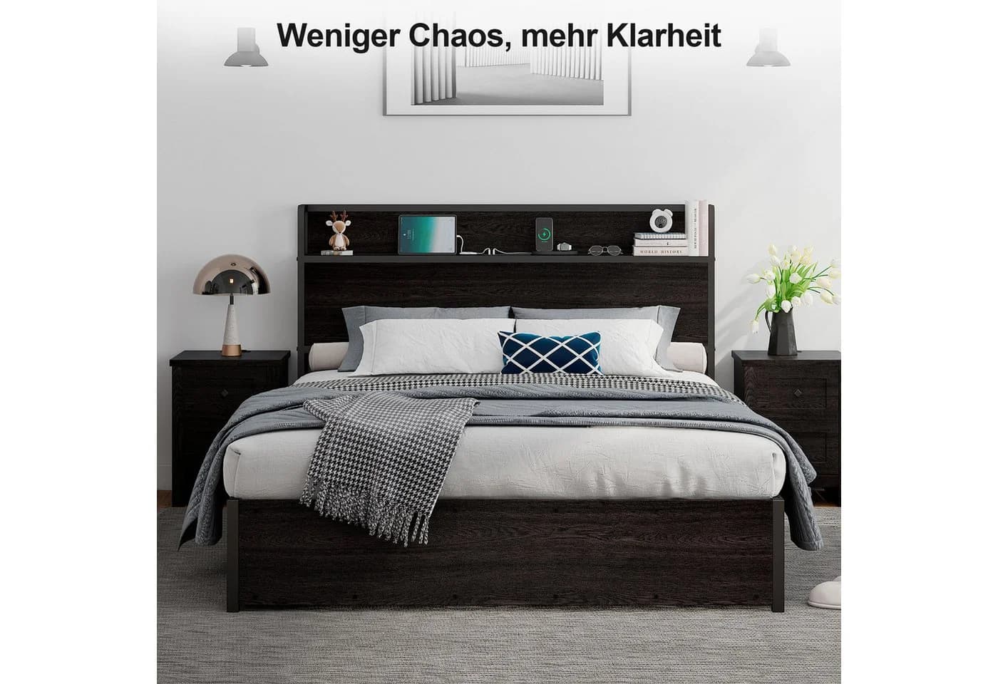 AMERLIFE Doppelbett mit Stauraum und USB-Steckdosen Schwarz - Bild 4