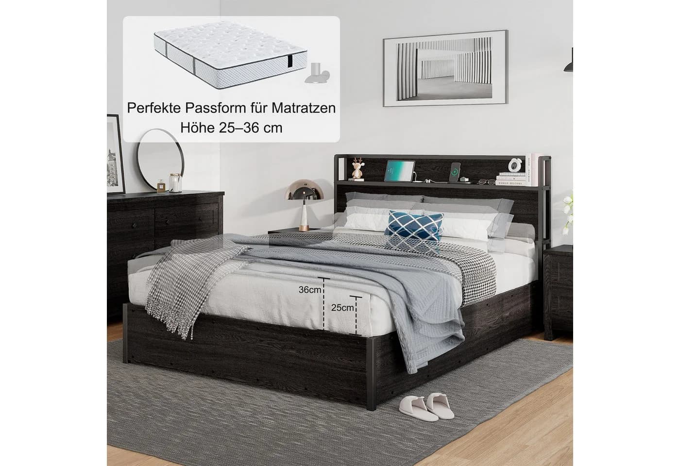 AMERLIFE Doppelbett mit Stauraum und USB-Steckdosen Schwarz - Bild 5