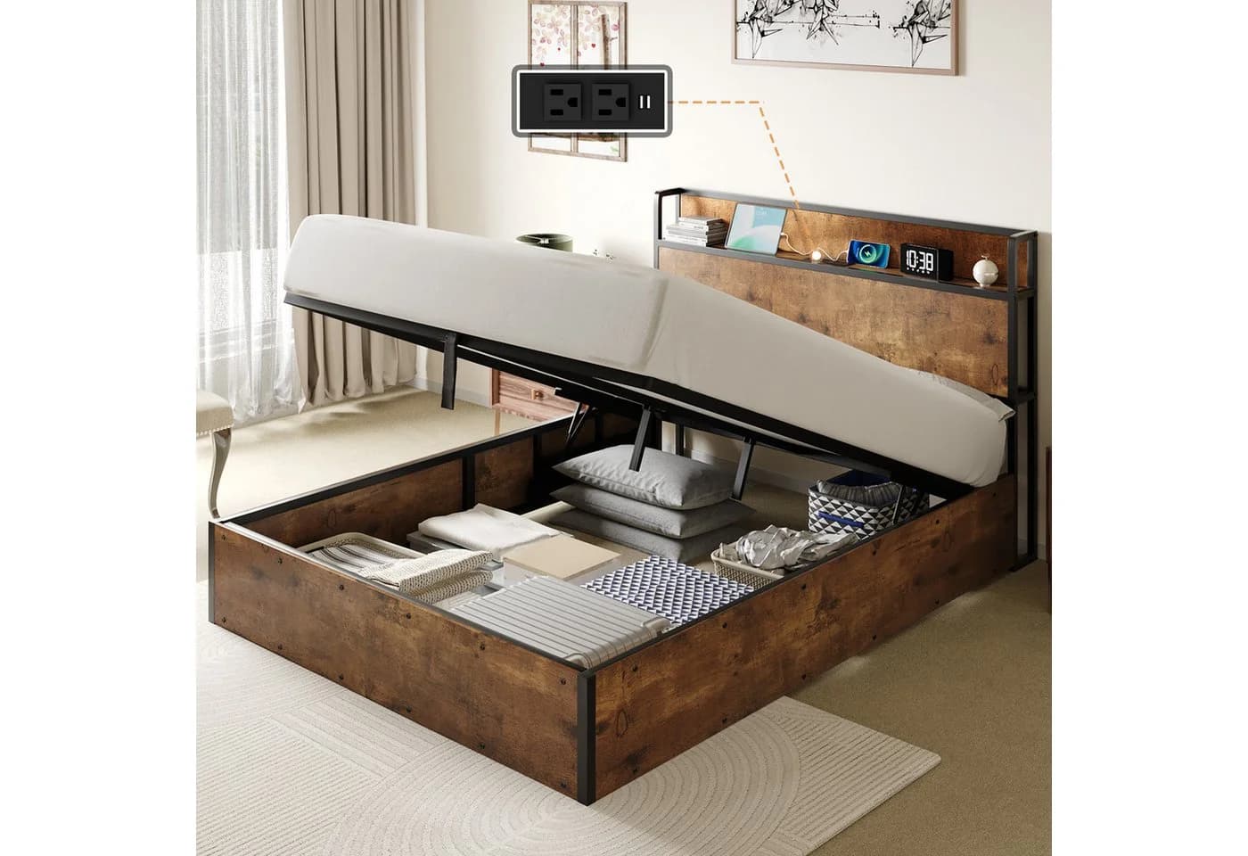 AMERLIFE Doppelbett mit Stauraum und USB-Anschlüssen Industrial Design - Bild 3