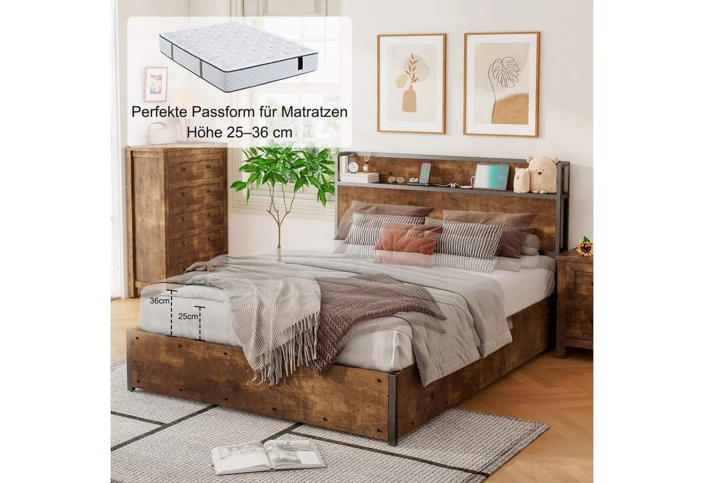 AMERLIFE Doppelbett mit Stauraum und USB-Anschlüssen Industrial Design - Bild 5