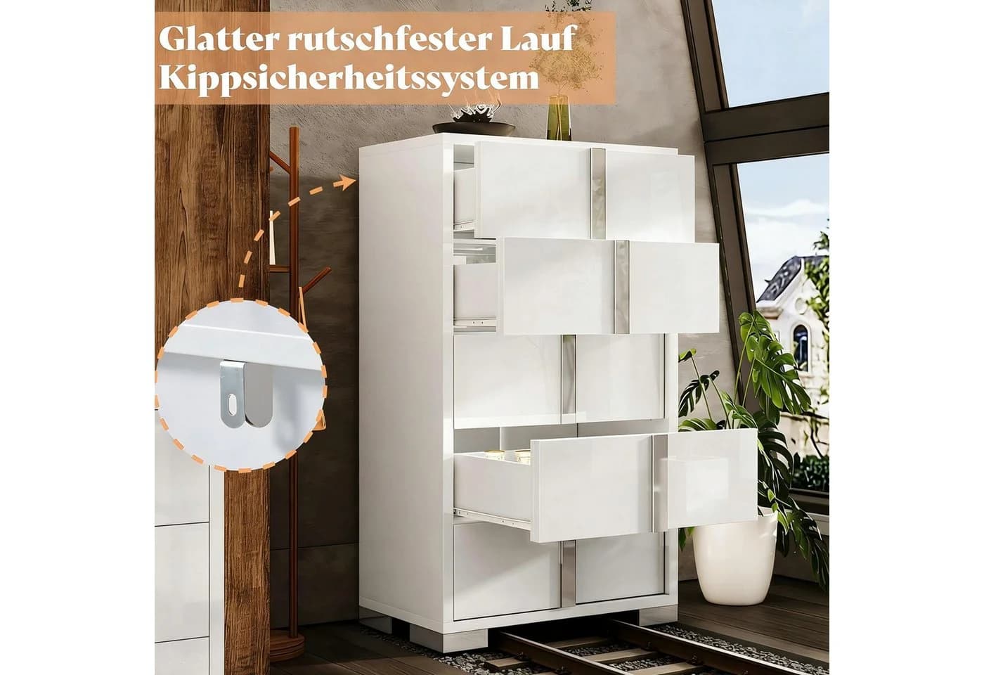 AMERLIFE Kommode Weiß Hochglanz mit 5 Schubladen und Anti-Kipp-Schutz - Bild 5