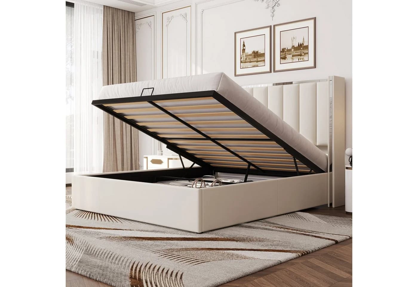 AMERLIFE Polsterbett Hydraulisches Stauraumbett 140x200cm Creme Schwarz - Bild 4