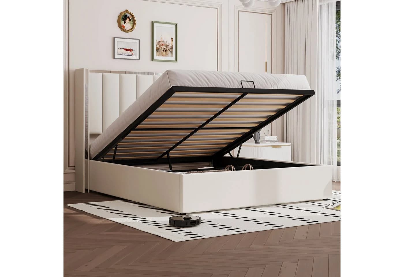 AMERLIFE Polsterbett Hydraulisches Stauraumbett 140x200cm Creme Schwarz - Bild 5