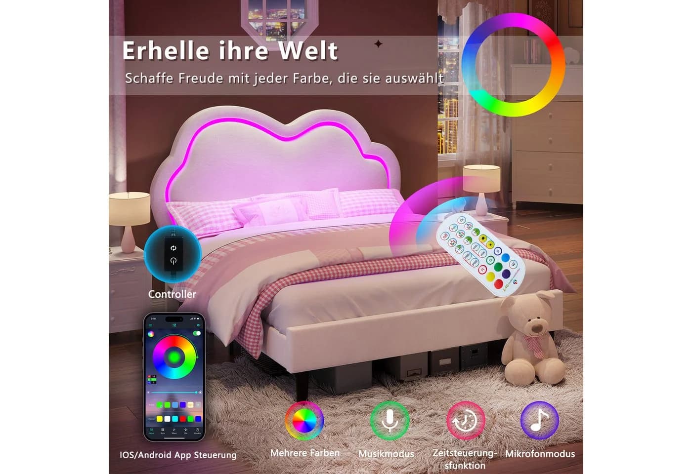 AMERLIFE Kinderbett Jugendbett Rosa Samt-Optik LED Wolken-Kopfteil - Bild 5