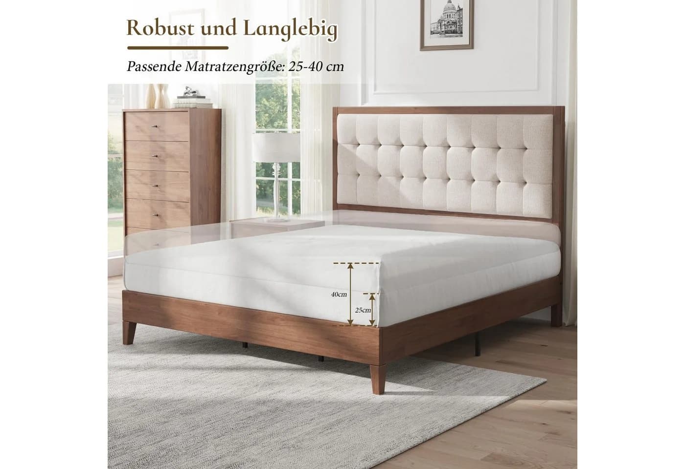 AMERLIFE Massivholzbett Walnuss Gepolstertes Kopfteil Knopfpolsterung - Bild 4