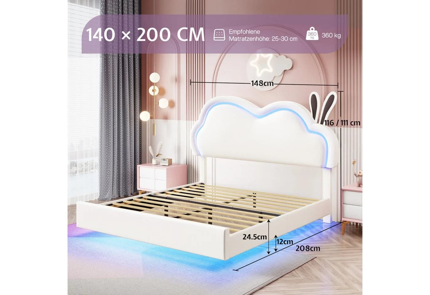 AMERLIFE Kinderbett mit LED & Wolken-Kopfteil Rosa/Weiß