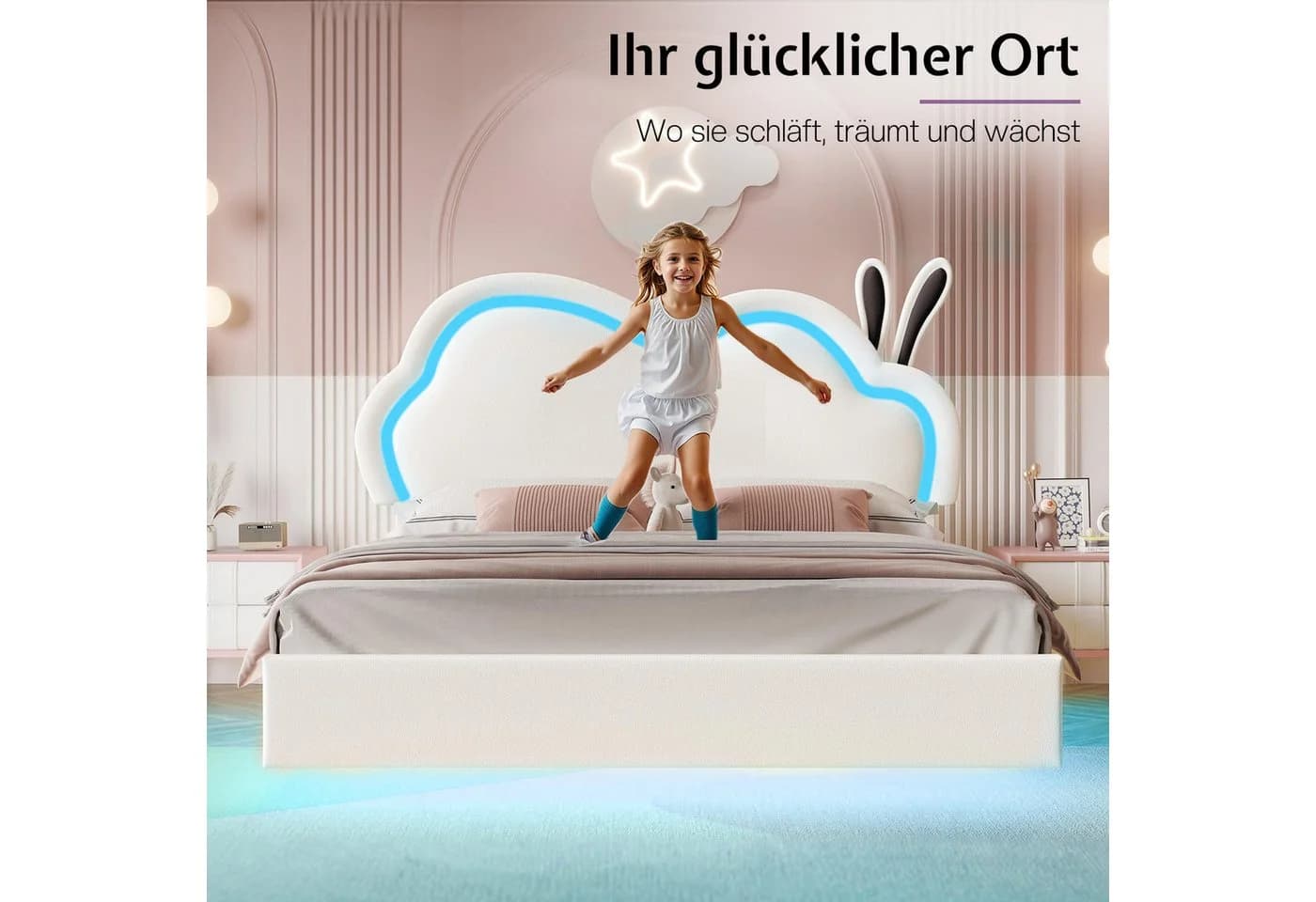 AMERLIFE Kinderbett mit LED & Wolken-Kopfteil Rosa/Weiß - Bild 4