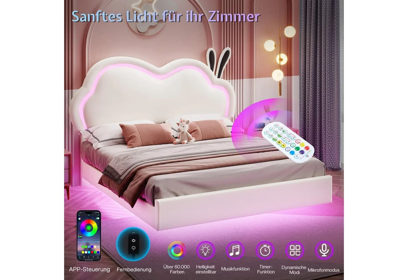 AMERLIFE Kinderbett mit LED & Wolken-Kopfteil Rosa/Weiß - Bild 5