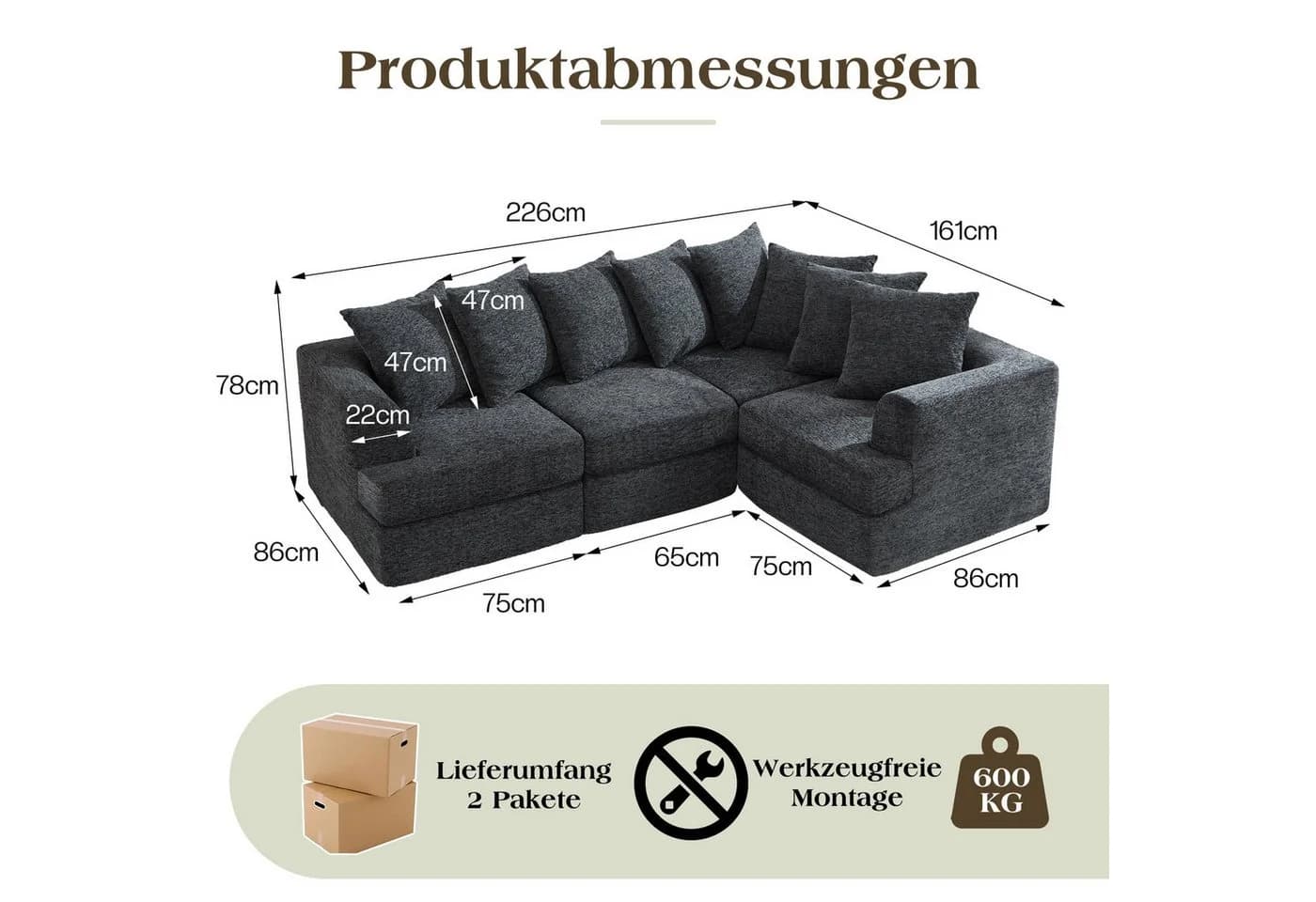 AMERLIFE Modulares Ecksofa Dunkelgrau Chenille-Stoff