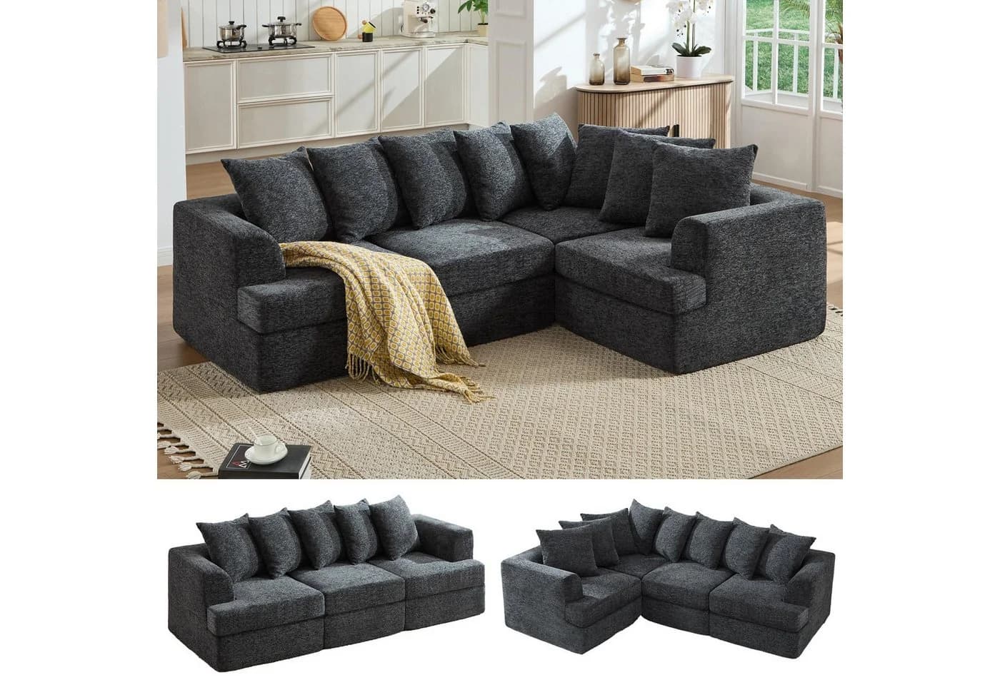 AMERLIFE Modulares Ecksofa Dunkelgrau Chenille-Stoff - Bild 3
