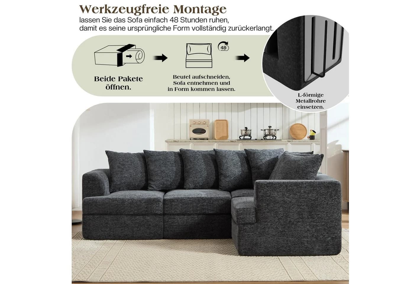 AMERLIFE Modulares Ecksofa Dunkelgrau Chenille-Stoff - Bild 4