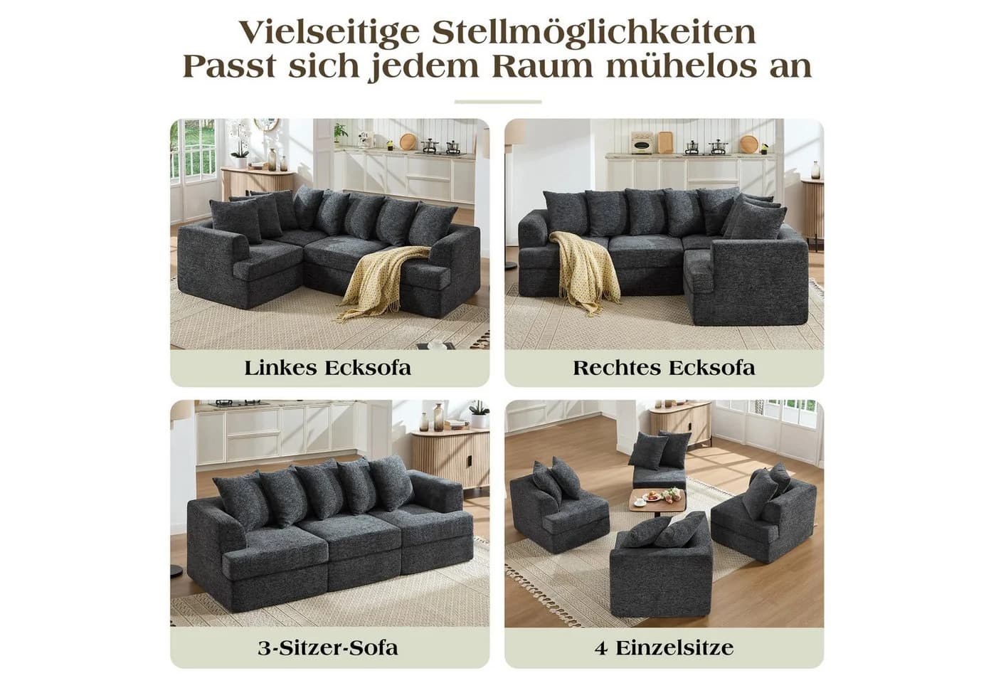 AMERLIFE Modulares Ecksofa Dunkelgrau Chenille-Stoff - Bild 5