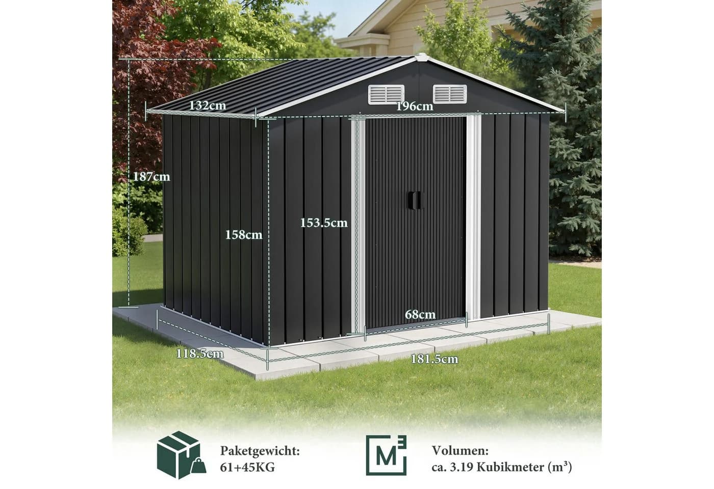 AMERLIFE Gerätehaus Metall Schwarz mit Schiebetür