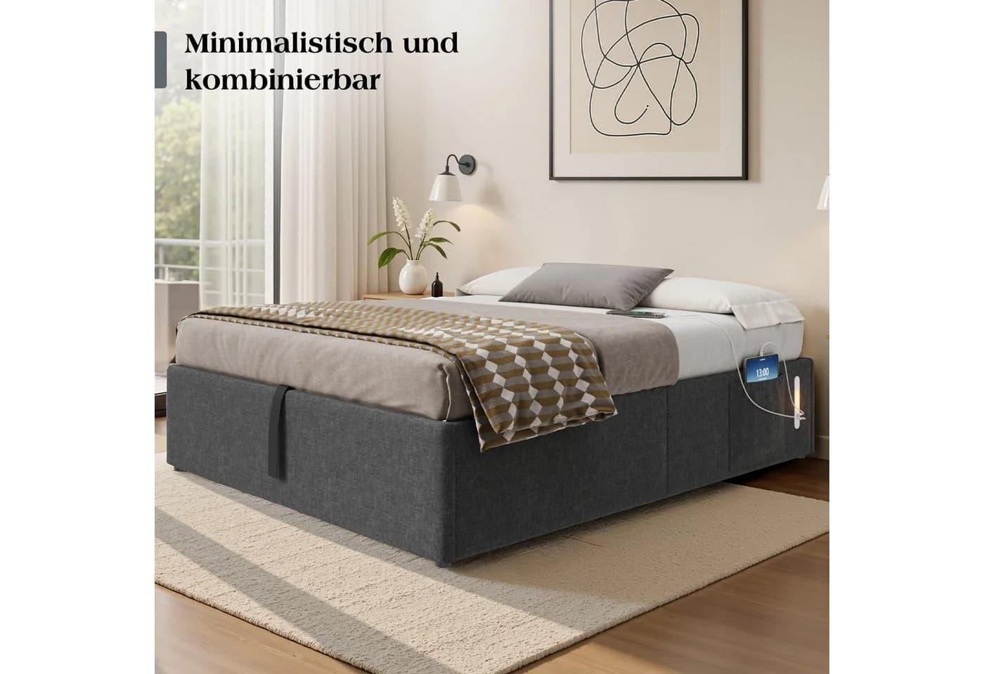 AMERLIFE Polsterbett Grau mit Stauraum, LED & USB - Bild 4