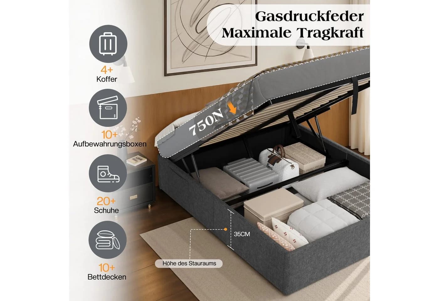 AMERLIFE Polsterbett Grau mit Stauraum, LED & USB - Bild 5