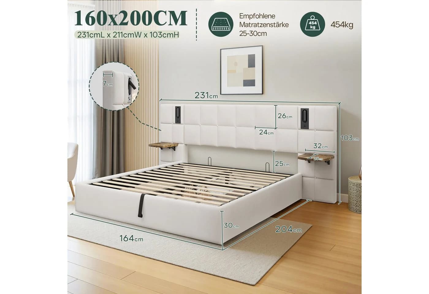 AMERLIFE Polsterbett 160x200 mit Stauraum, USB & Lampen