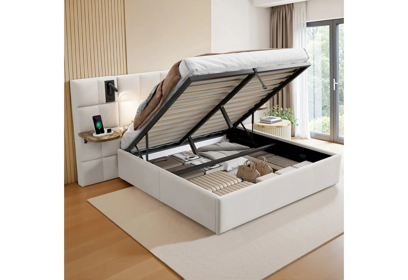 AMERLIFE Polsterbett 160x200 mit Stauraum, USB & Lampen - Bild 2