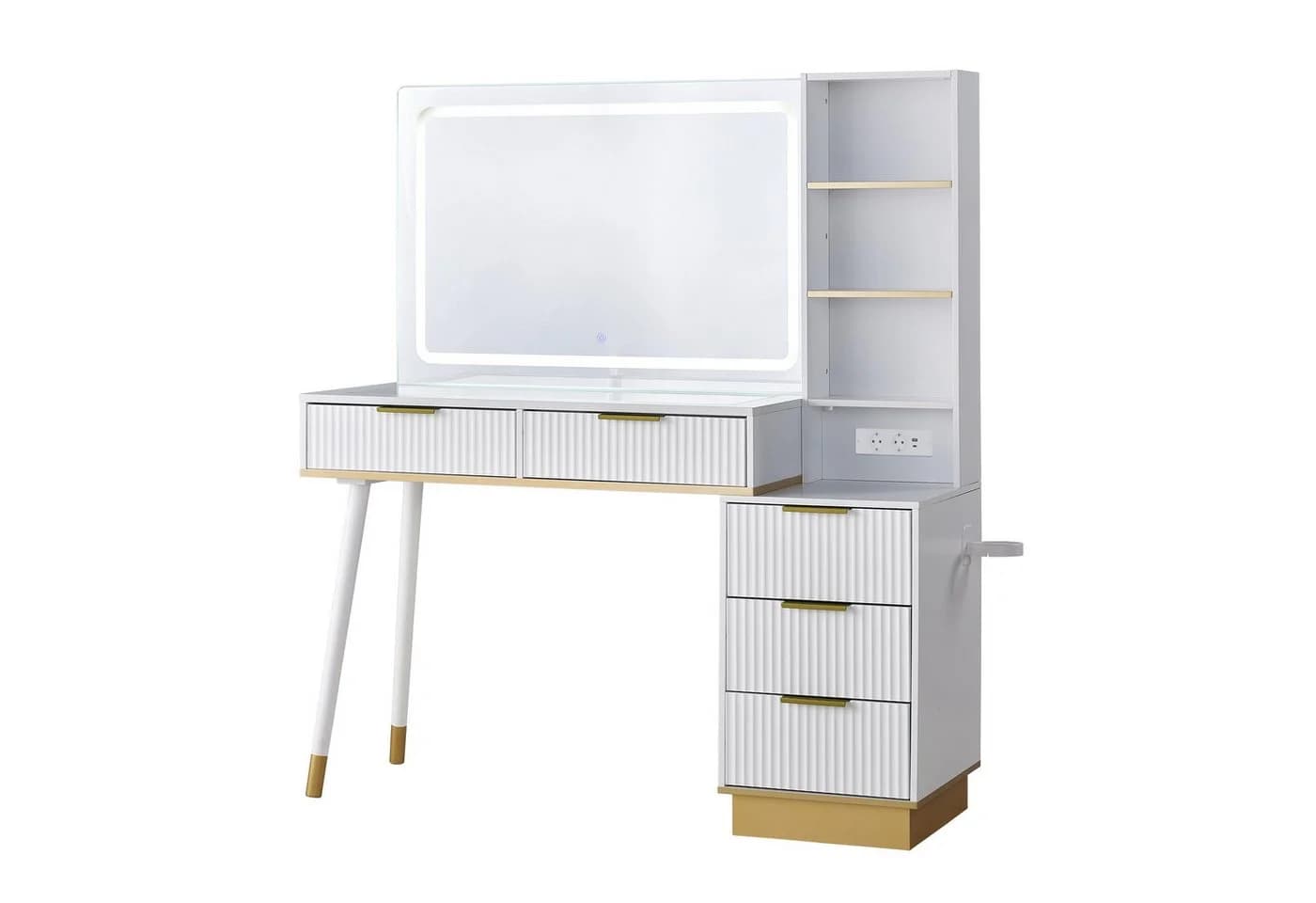 AMERLIFE Schminktisch Weiß-Gold mit LED-Spiegel und Ladestation - Bild 3