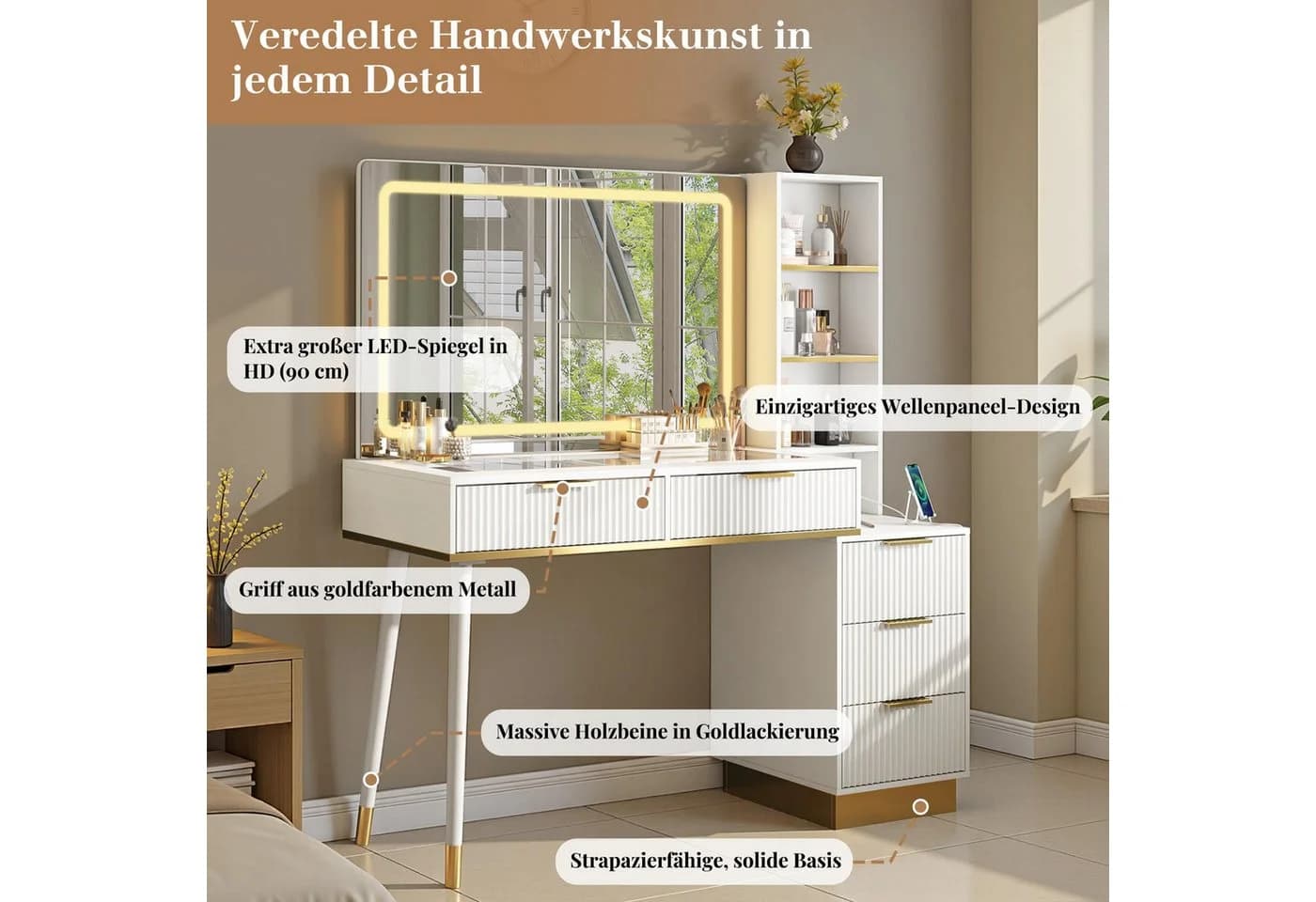 AMERLIFE Schminktisch Weiß-Gold mit LED-Spiegel und Ladestation - Bild 5