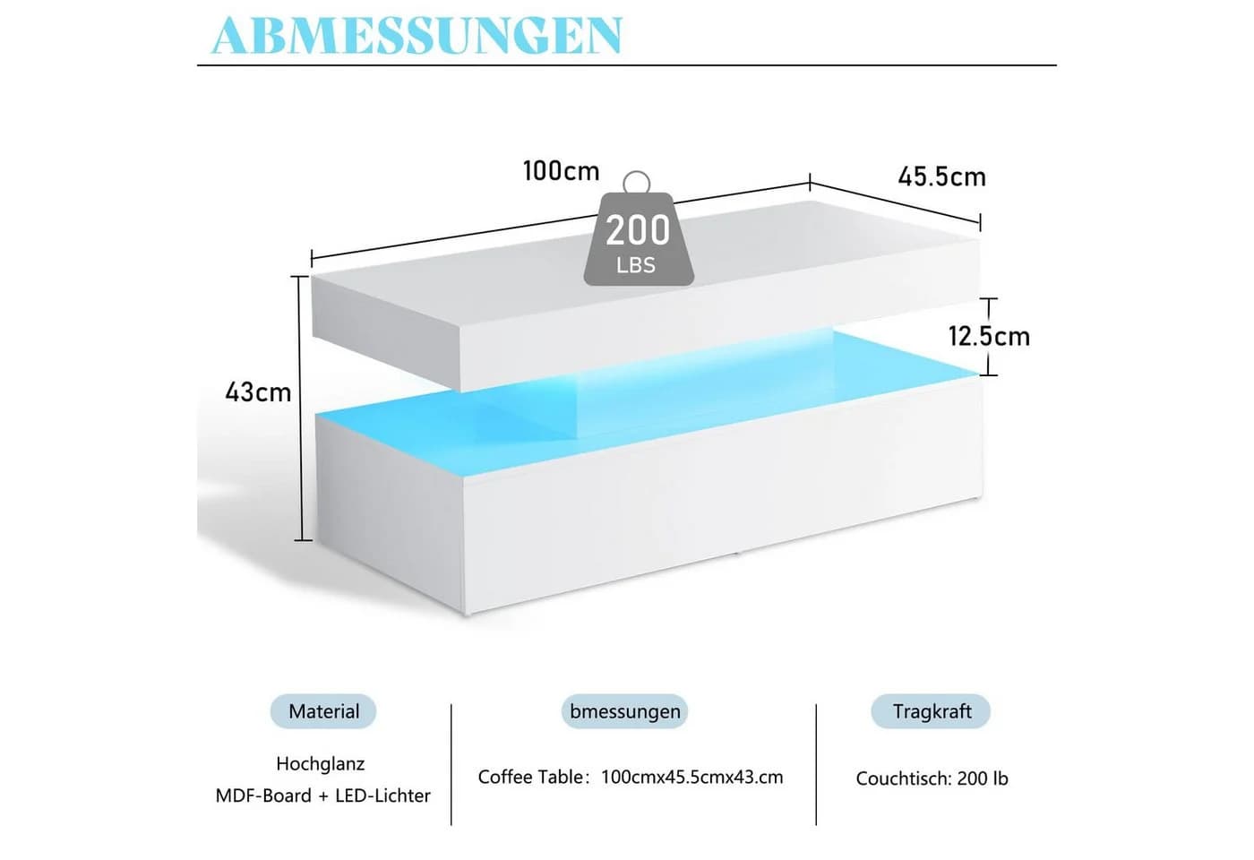 AMERLIFE Couchtisch Hochglanz Weiß mit RGB-LED