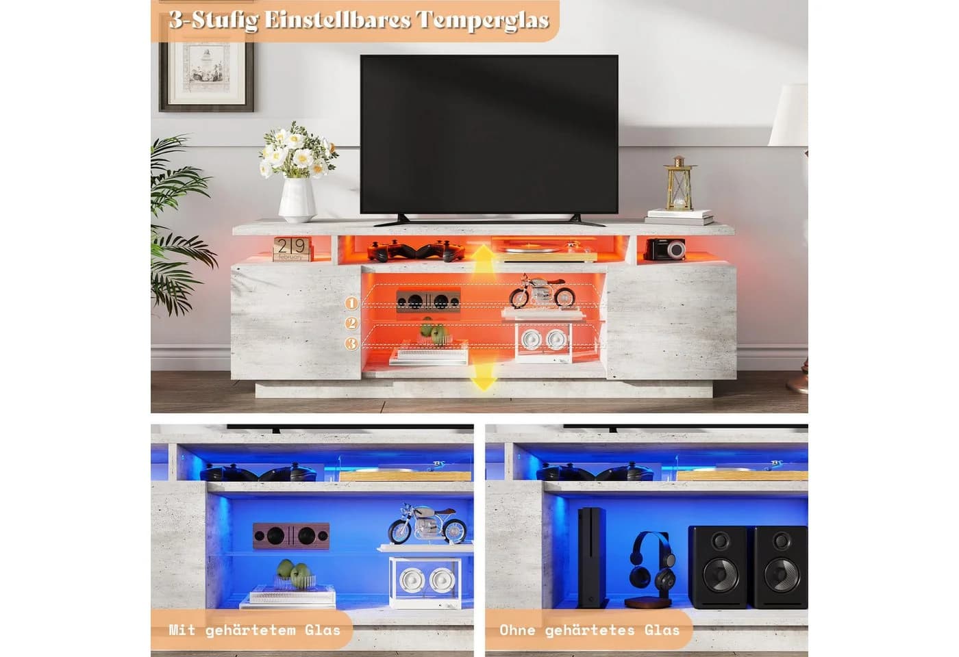 AMERLIFE TV-Lowboard Hochglanz Grau/Weiß mit RGB-LED - Bild 5