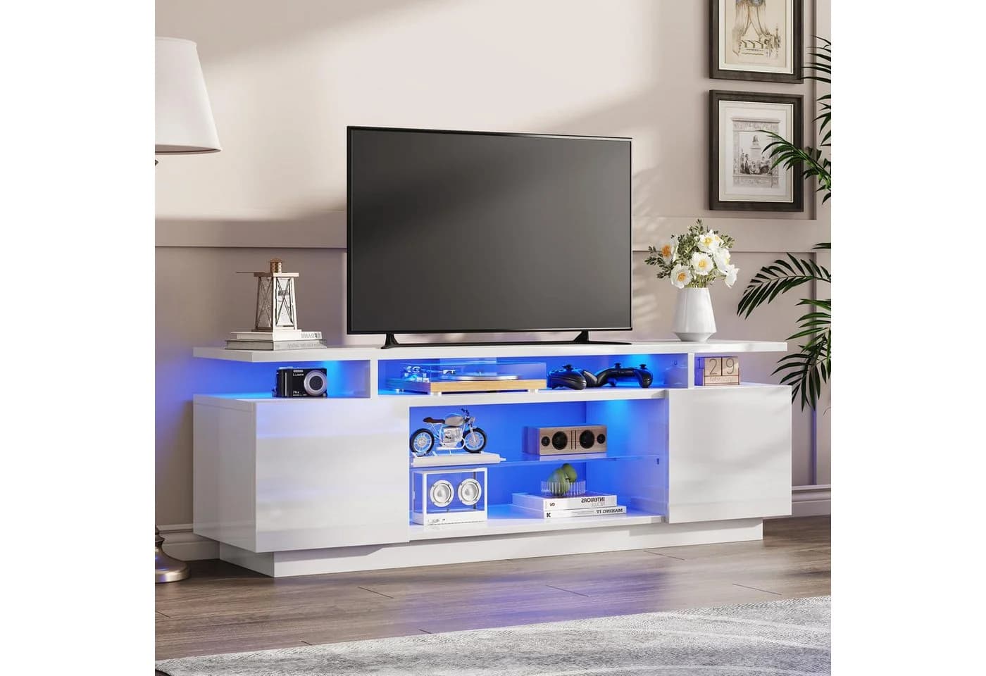 AMERLIFE TV-Lowboard Hochglanz mit RGB-LED Beleuchtung Grau/Weiß - Bild 2