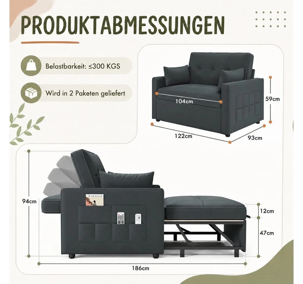 AMERLIFE Schlafsofa 3-in-1 Dunkelgrau mit 5-stufiger Verstellung