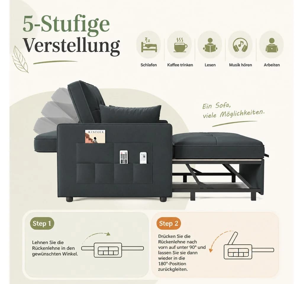 AMERLIFE Schlafsofa 3-in-1 Dunkelgrau mit 5-stufiger Verstellung - Bild 5