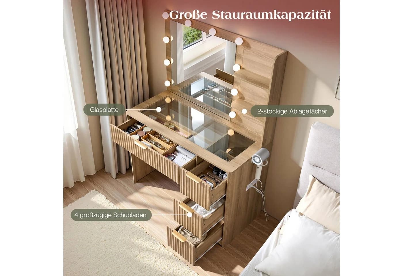 AMERLIFE Schminktisch mit LED-Spiegel, 4 Schubladen, Holzoptik Braun - Bild 3