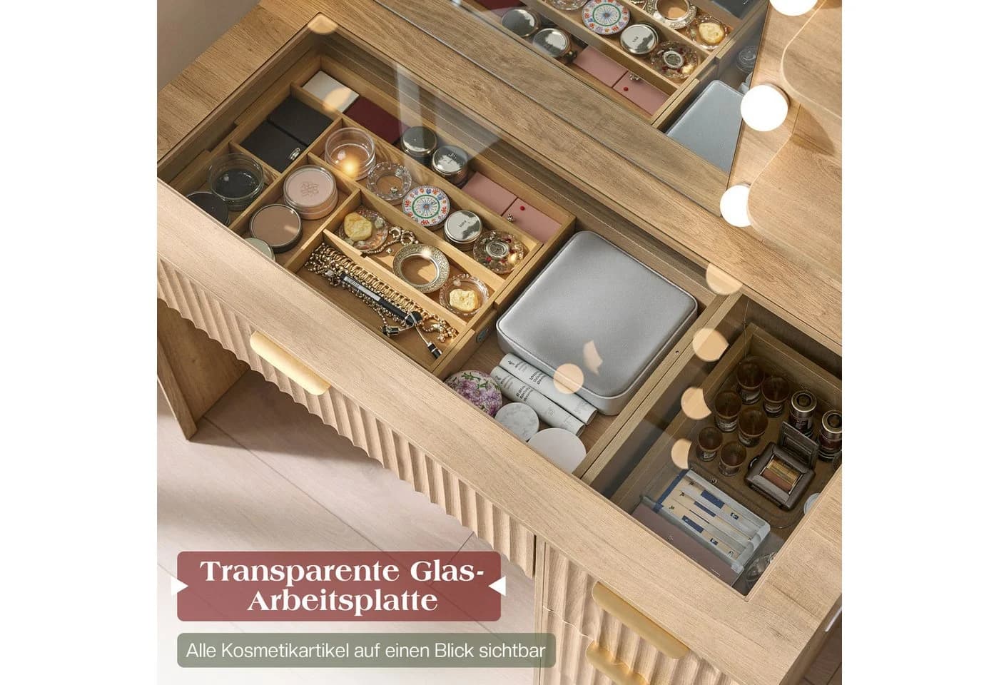 AMERLIFE Schminktisch mit LED-Spiegel, 4 Schubladen, Holzoptik Braun - Bild 5