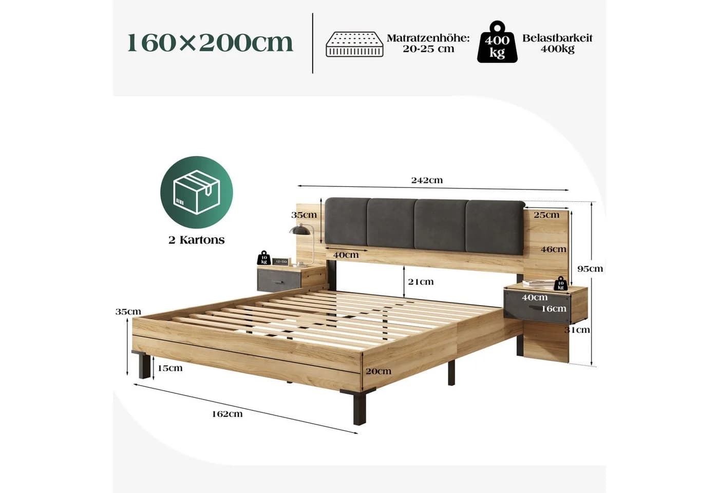 AMERLIFE Bett mit Polsterkopfteil und Bettkasten Grau Holzoptik