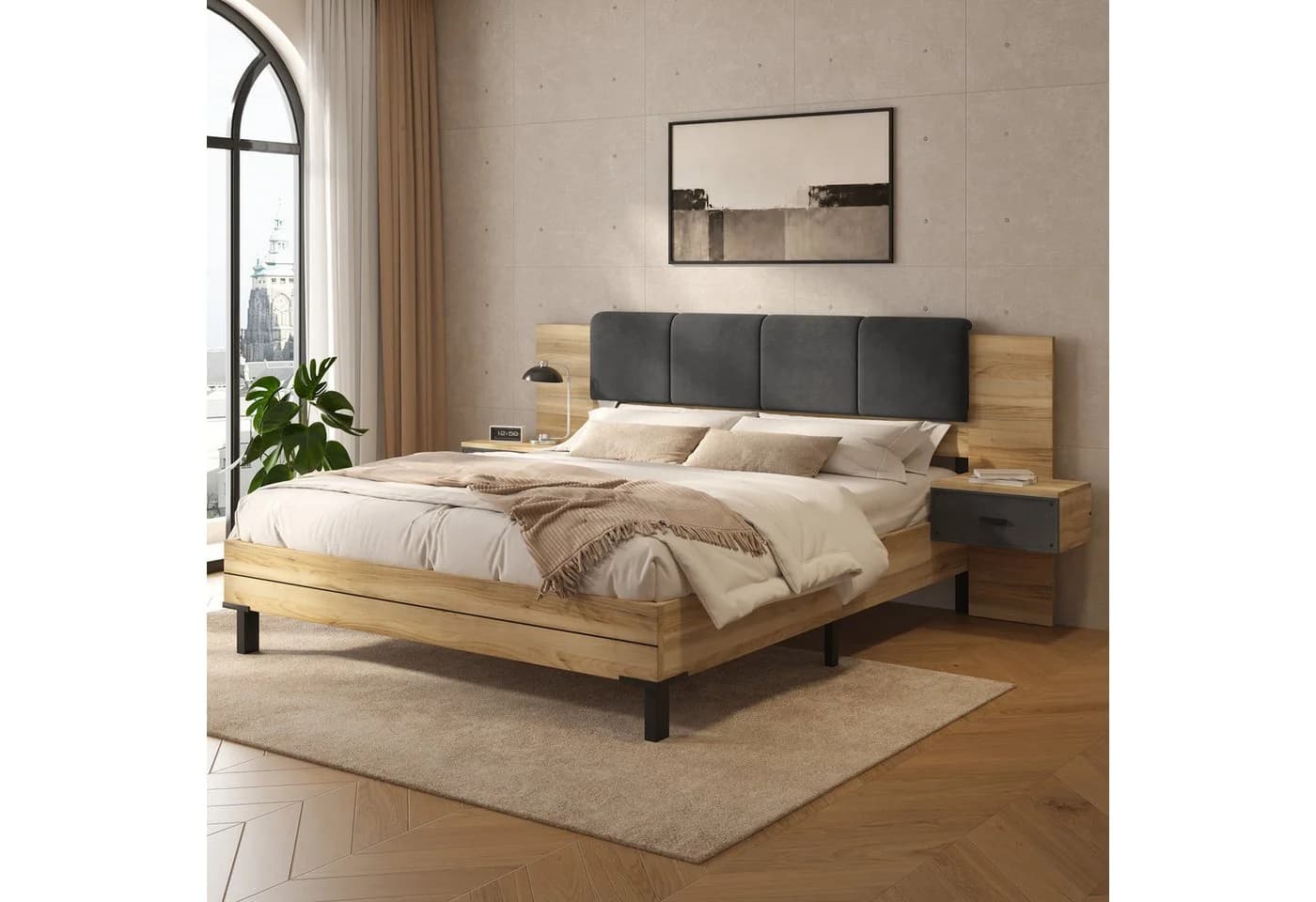 AMERLIFE Bett mit Polsterkopfteil und Bettkasten Grau Holzoptik - Bild 2