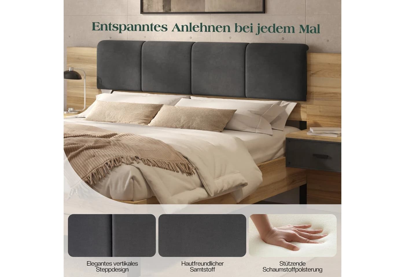 AMERLIFE Bett mit Polsterkopfteil und Bettkasten Grau Holzoptik - Bild 3