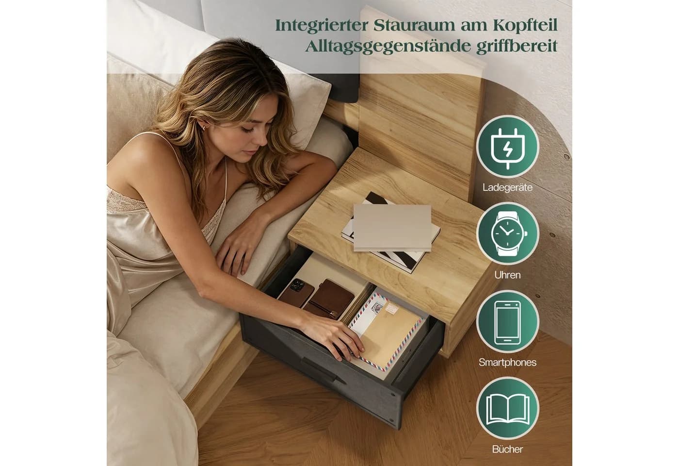 AMERLIFE Bett mit Polsterkopfteil und Bettkasten Grau Holzoptik - Bild 4