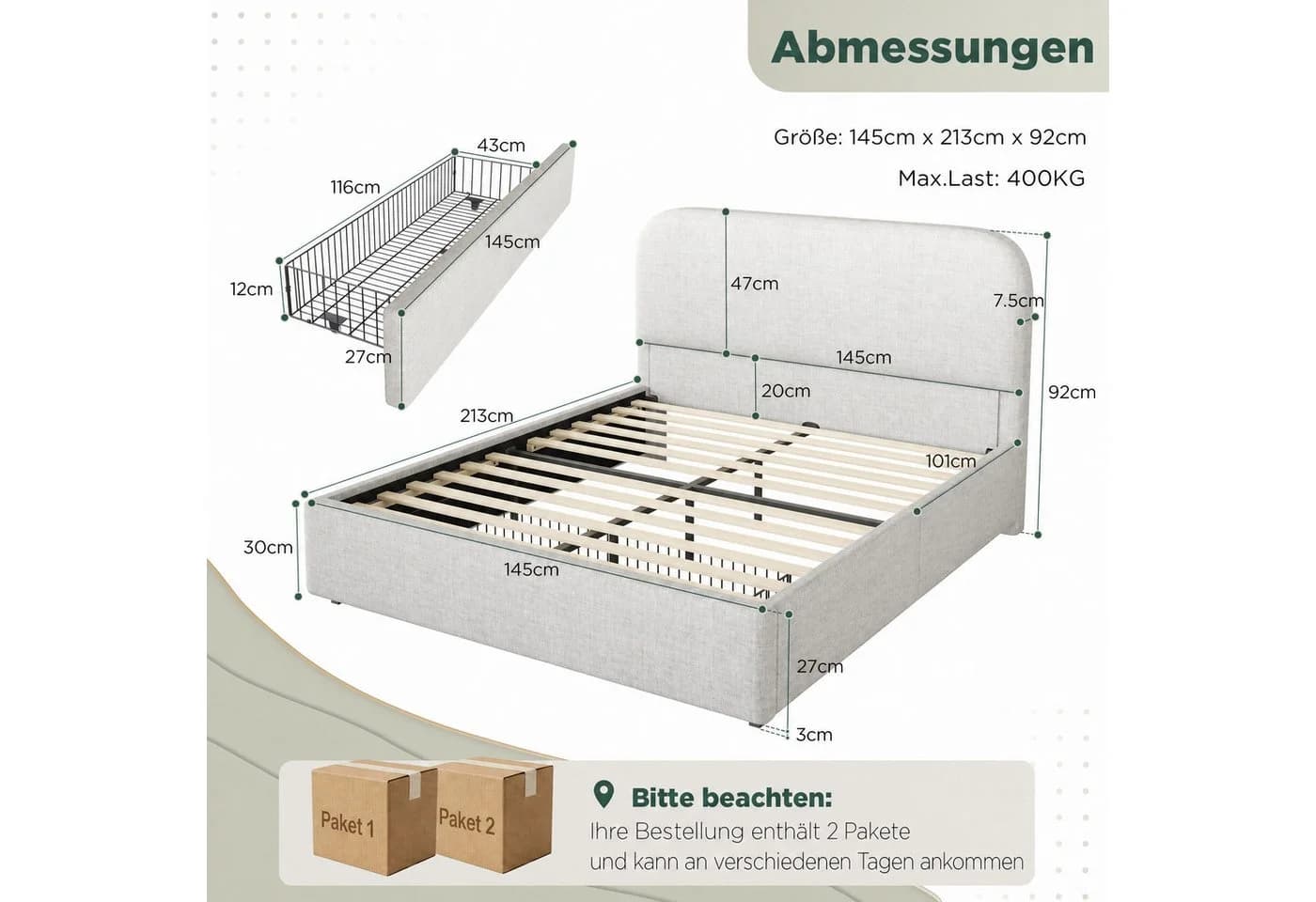 AMERLIFE Polsterbett Beige mit Stauraum und gepolstertem Kopfteil