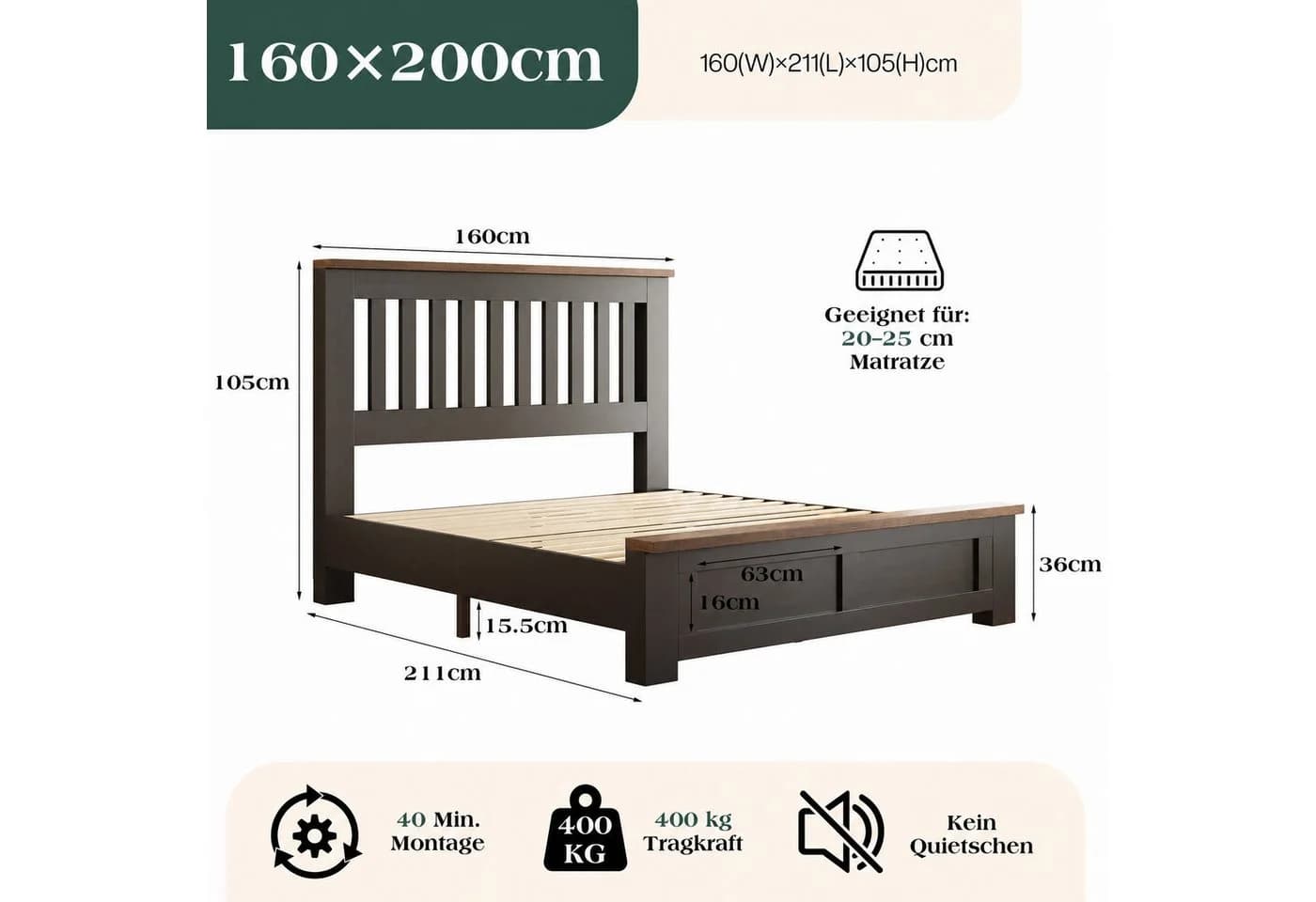 AMERLIFE Bettgestell Weiß/Schwarz Holzdekor Modern