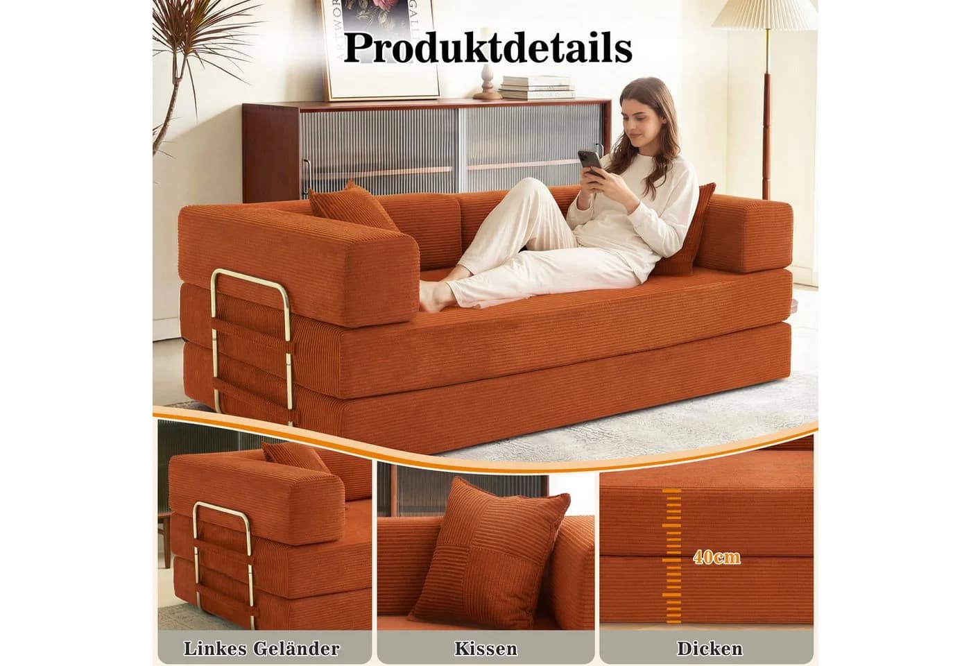 Vipbear Schlafsofa 5-in-1 Cord Grün/Orange/Grau/Beige - Bild 5