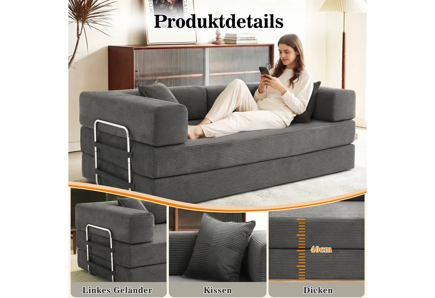 Vipbear Schlafsofa 5-in-1 Cord Grau/Grün/Orange/Beige - Bild 5