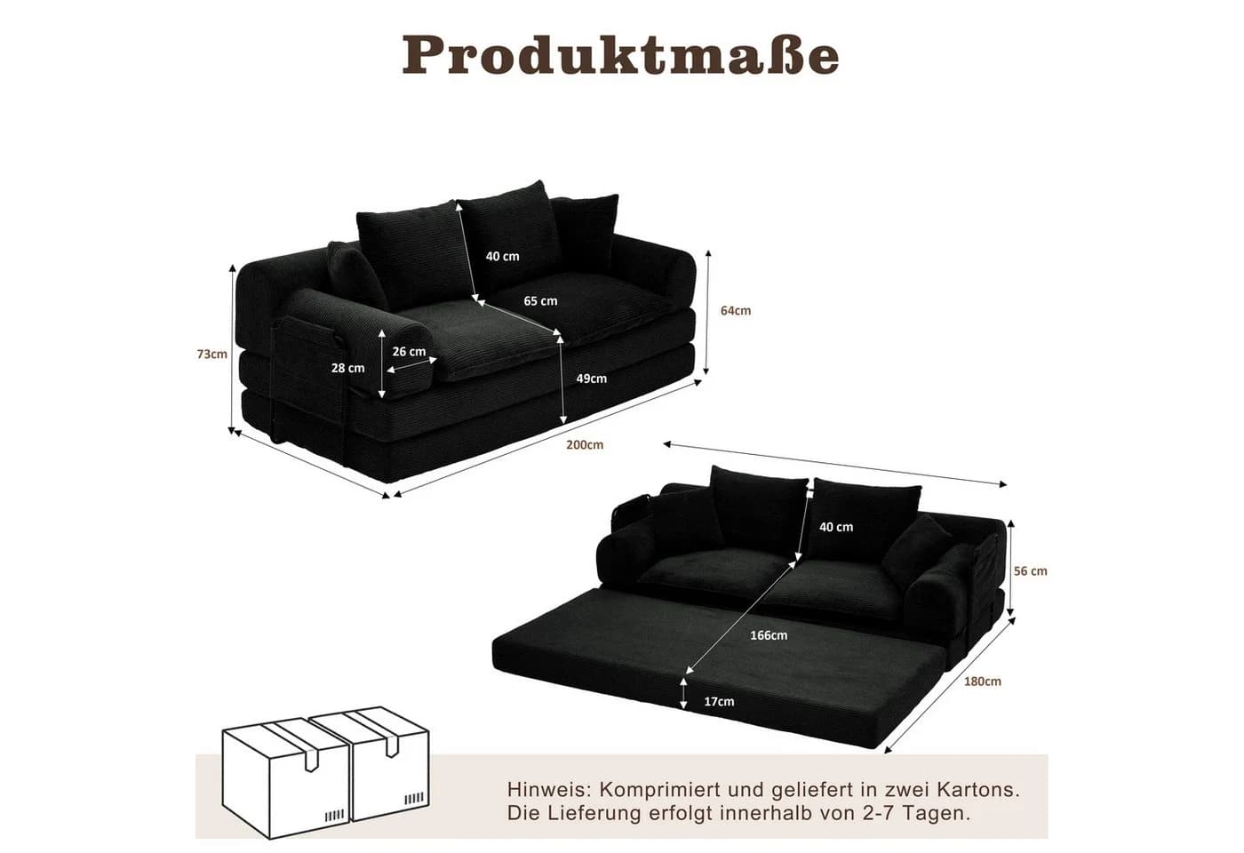 Vipbear Modulares 2-Sitzer Sofa Schwarz Cordstoff Memory-Schaum