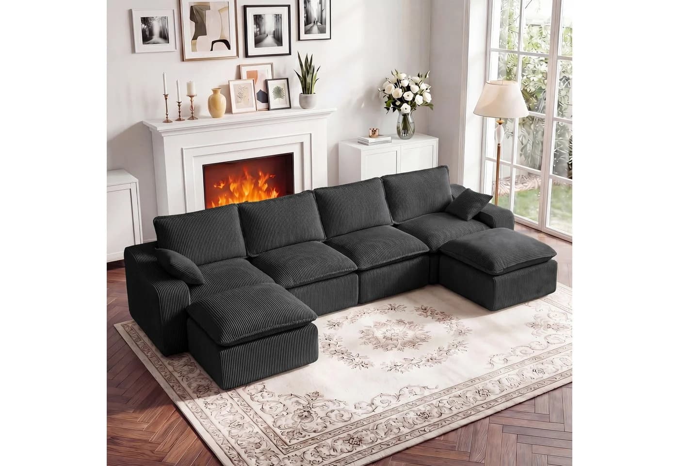 Vipbear Modulares Cordsofa mit Hocker, Grau, U-Form Schlafsofa - Bild 2