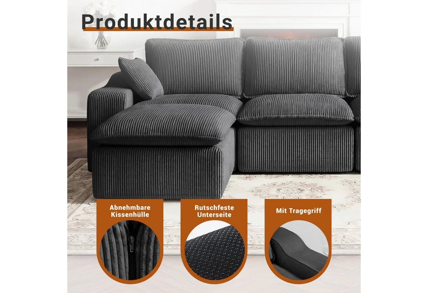 Vipbear Modulares Cordsofa mit Hocker, Grau, U-Form Schlafsofa - Bild 3
