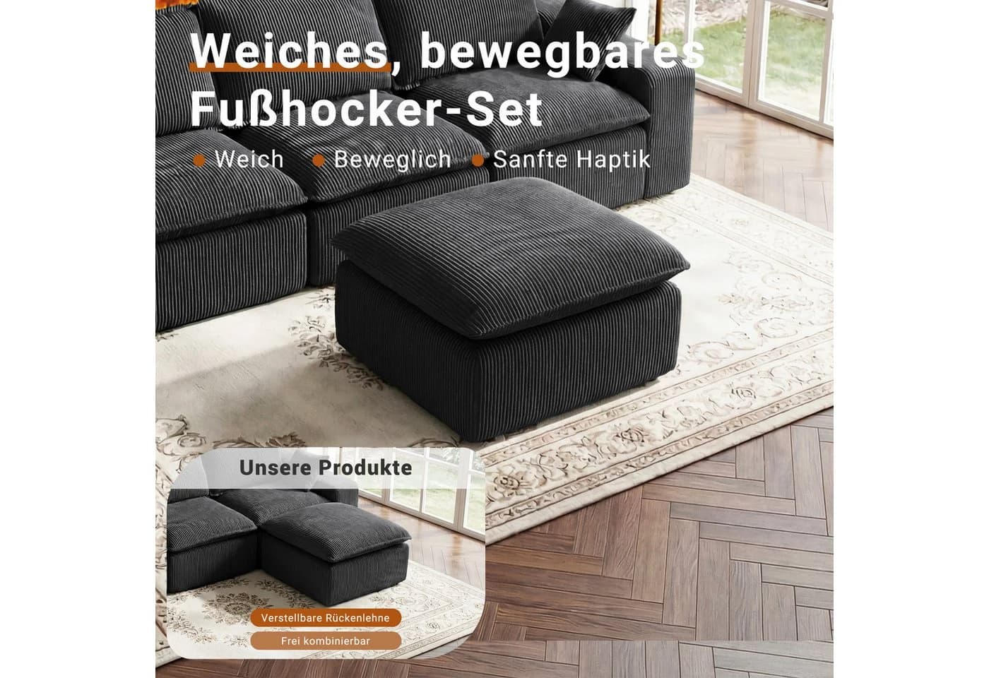 Vipbear Modulares Cordsofa mit Hocker, Grau, U-Form Schlafsofa - Bild 4