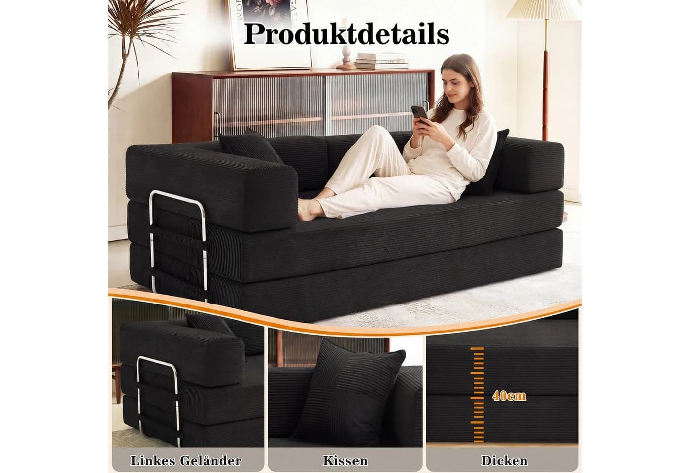 Vipbear Schlafsofa 5-in-1 Cord Grün/Orange/Grau/Beige/Schwarz - Bild 5