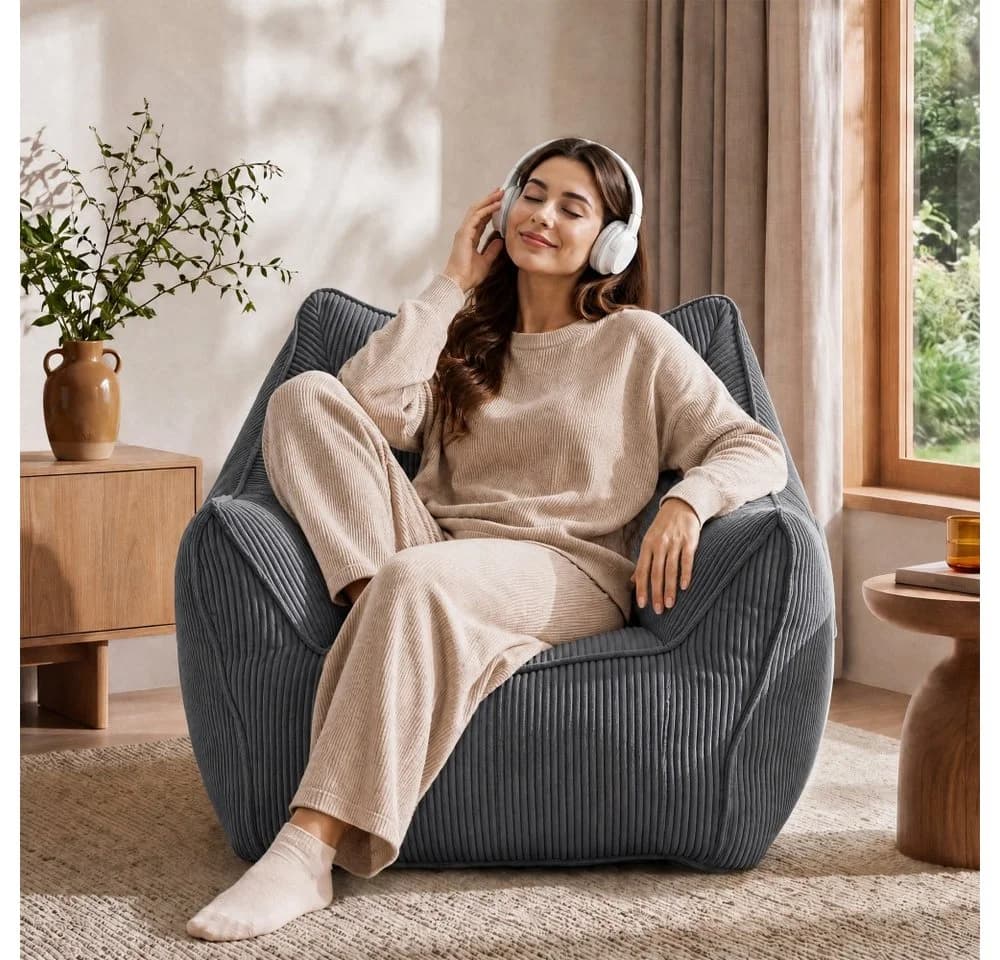 Vipbear Sitzsack Einzelsofa Grau Cord mit Aufbewahrungstasche - Bild 3
