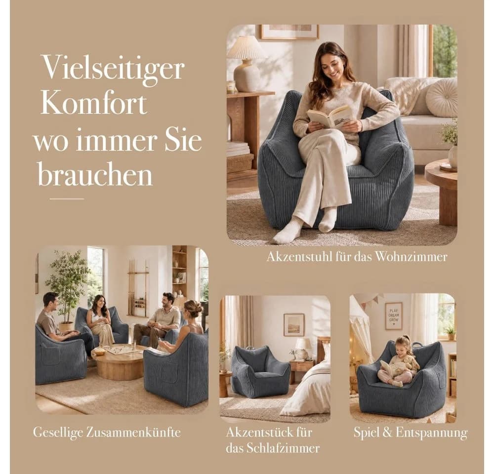Vipbear Sitzsack Einzelsofa Grau Cord mit Aufbewahrungstasche - Bild 4