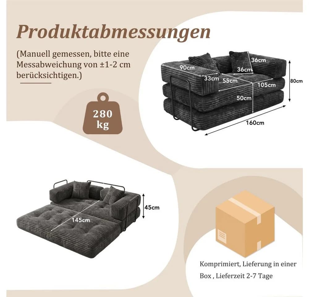 Vipbear 2-Sitzer Sofa 5-in-1 Modulares Wandelsofa mit Schlaffunktion Grau Cord - Bild 4