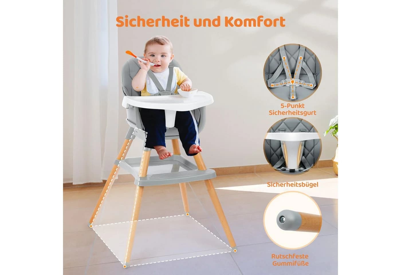 Ezebaby Holzstuhl 6in1 Multifunktional Grau Buche - Bild 3