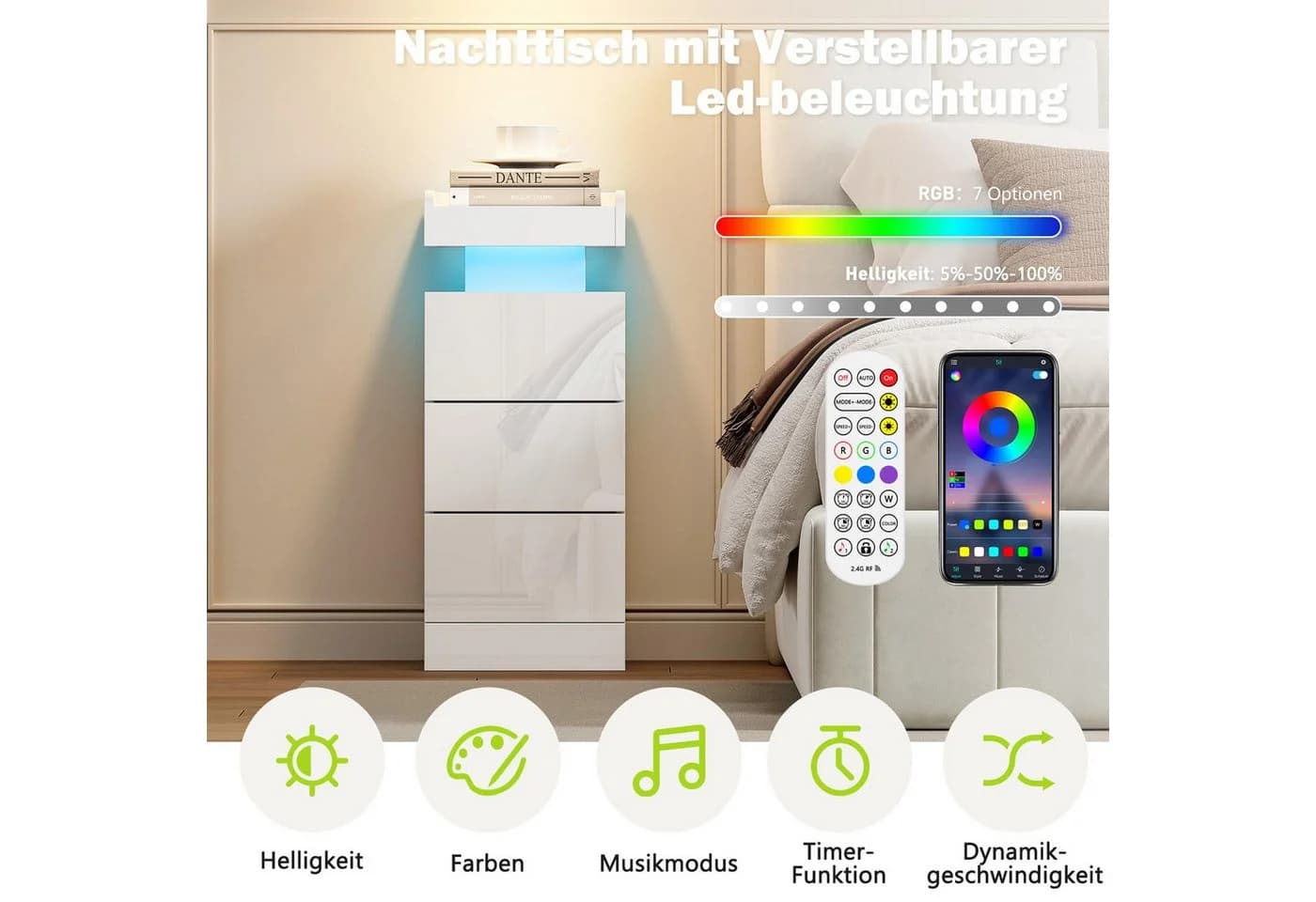 Dripex Nachttisch Schwarz mit 3 Schubladen und RGB LED - Bild 4