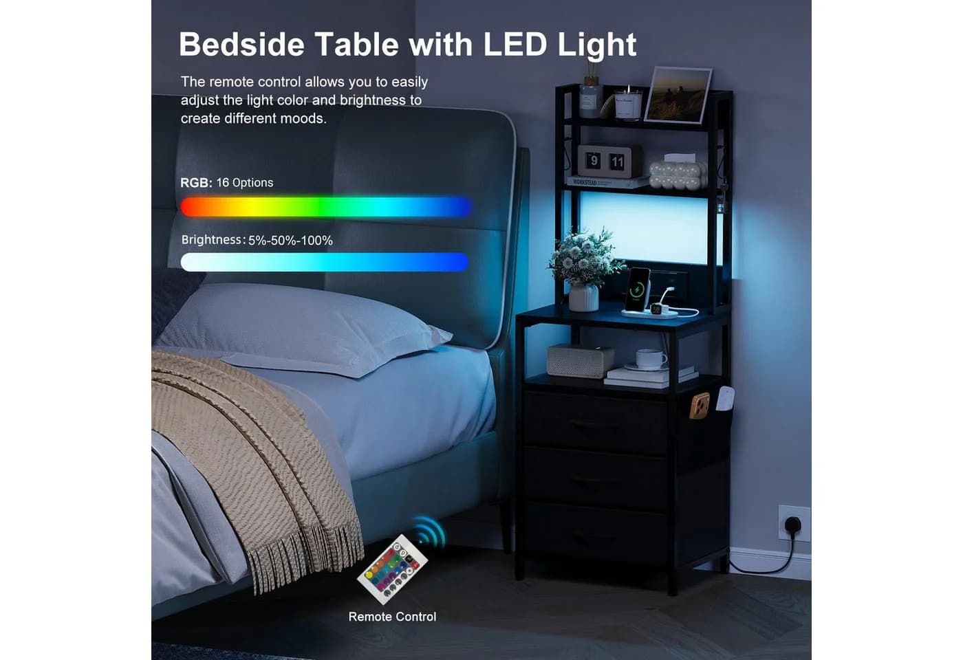 Dripex Nachttisch mit LED & Ladefunktion Schwarz - Bild 4